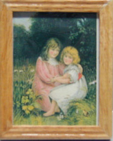 Dollhouse Miniature 2 Girls, Oak Frame 1 3/4 X 2 1/4